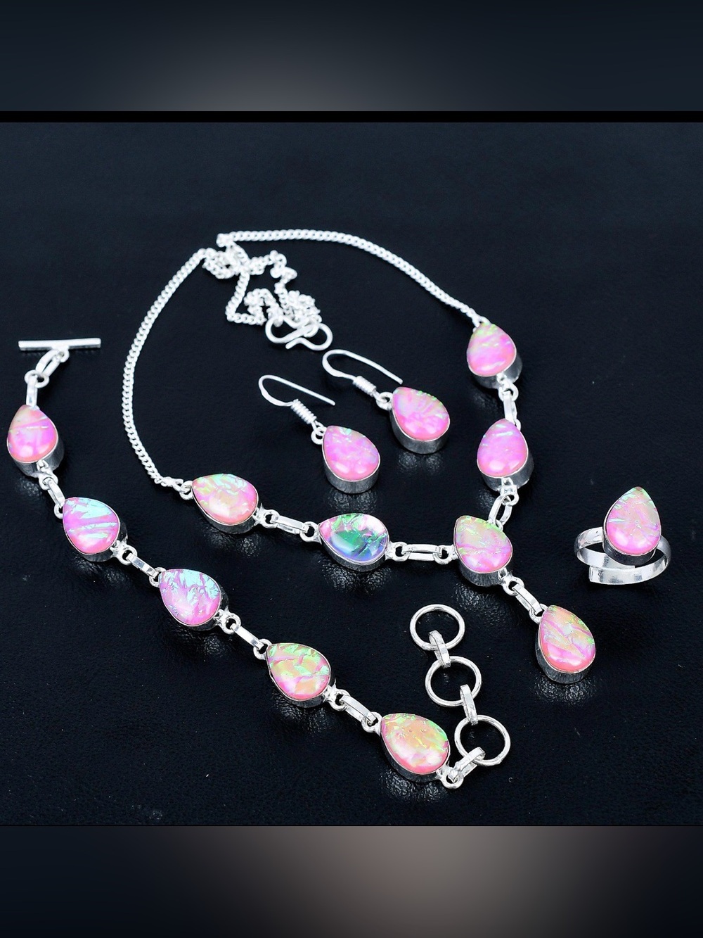 25 stealing silver Pink Opal Teardrop Jewelry Set - Necklace Bracelet Earrings